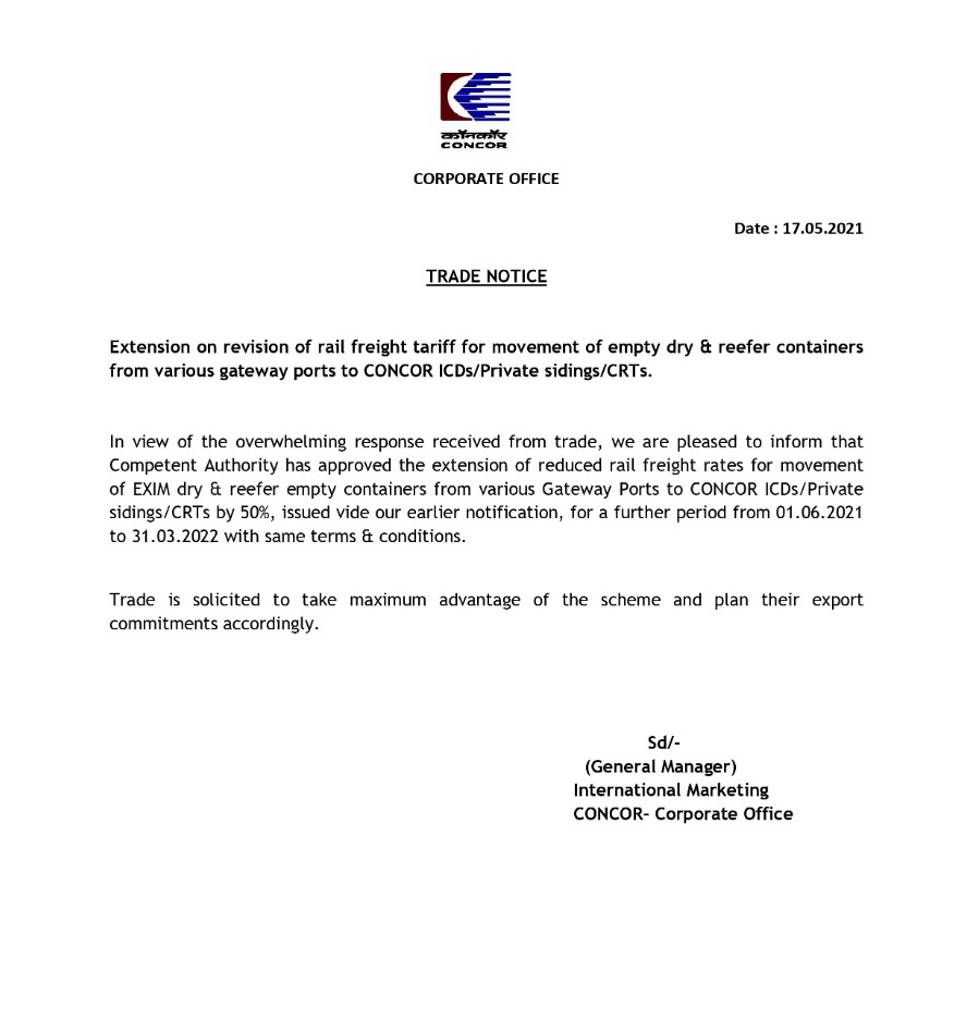 concor_india's tweet photo. Initiative taken by @concor_india. #Discounts offered to boost and cater #export demand, @concor_india has reduced Rail Freight for movement of empty containers from gateway ports to CONCOR ICDs/Private Sidings/CRTs by 50% till 31/03/2022.
@RailMinIndia
@shipmin_india @nisaa_web https://t.co/4lmJEcOpiP