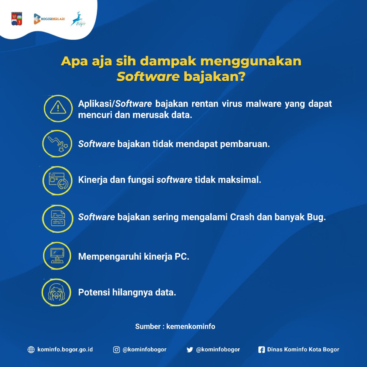 Hai TemanKom! 

Siapa yang masih suka memakai software bajakan? Jika kamu masih menggunakan software bajakan, maka segera tinggalkan kebiasaan tersebut! Karena ada dampaknya loh! Kira-kira apa saja sih bahaya dari penggunaan software bajakan? Yuk simak informasi selenglapnya!✨