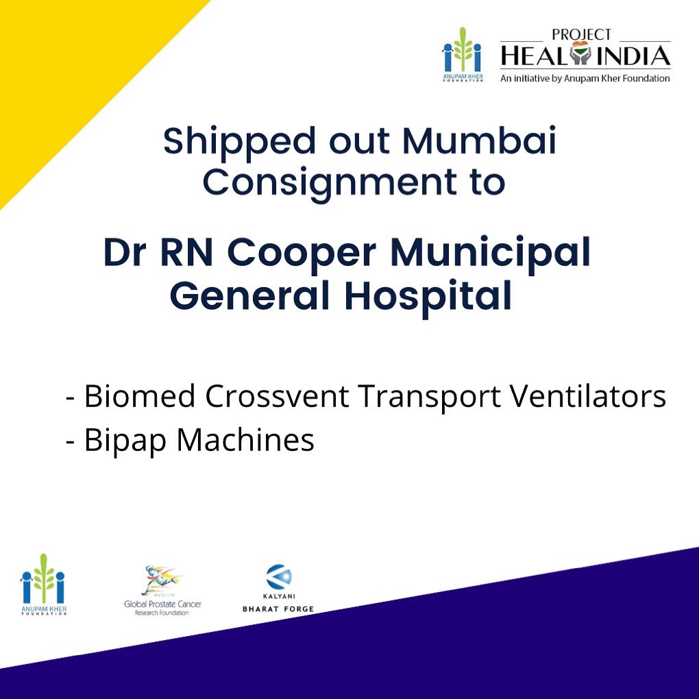 anupamcares's tweet photo. #projecthealindia Mumbai, Consignment to Dr RN Cooper Municipal General Hospital has been delivered.
Stay Safe. We are here to help.
#anupamkherfoundation #doingourbit #heretohelp #covid19 #oxygenconcentrators #bipapmachine
@AnupamPKher https://t.co/uVYFLUfWm0
