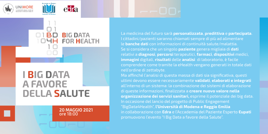 bd4health's tweet image. Giovedì @EdraSpa terrà il webtalk introduttivo al progetto @bd4health di @UNIMORE_univ. Un confronto tra alcune voci dei partner sul tema #BigData in ambito #Salute. Punti di vista diversi, perché vari i soggetti coinvolti per impiego e raccolta #dati. 
youtube.com/watch?v=2dKAh1…