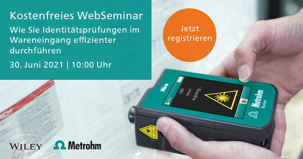 Erfahren Sie im kostenfreien WebSeminar am 30. Juni 2021 mit Wiley mehr zum Messprinzip und wie Sie mit einem Handheld Raman Spektrometer die Effizienz Ihrer Identitätsprüfung steigern! 👉 view6.workcast.net/register?cpak=…