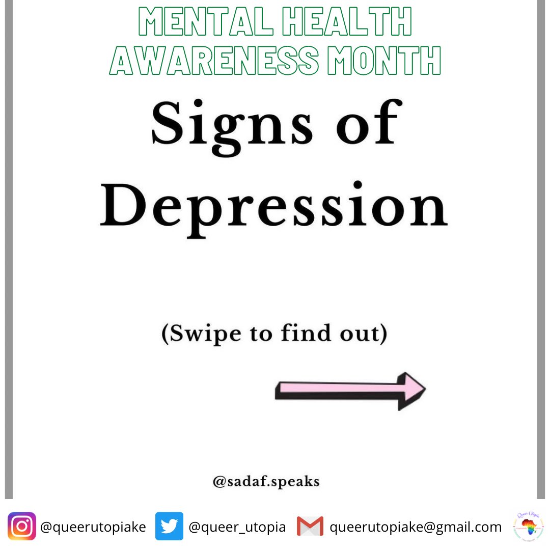 queer_utopia's tweet photo. Sadaf has put together a bunch of signs of depression. 
Swipe and take a look, self check and if you need help talking to a person, reach out to us and we’ll refer you to a therapist near you. 
#mentalhealthawarenessmonth #selfcare #queerutopia https://t.co/MUQ41cKH9Q