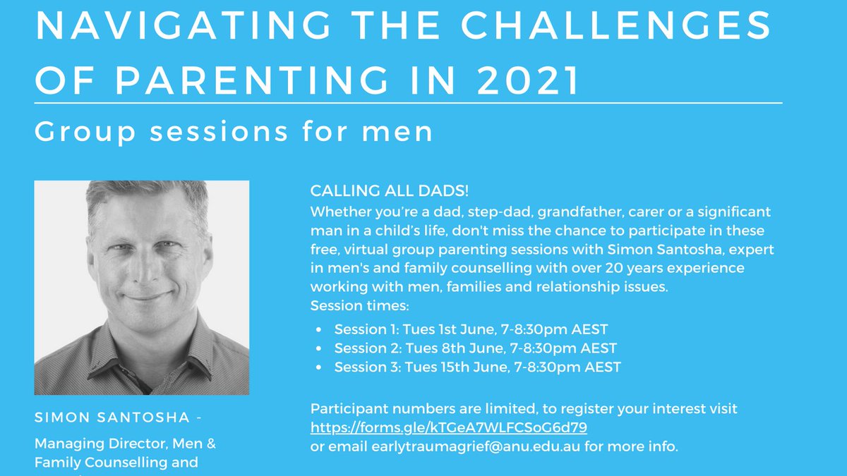 Calling all dads, step-dads, grandfathers, and other significant men in a child's life... 
Don't miss the chance to register for our FREE virtual parenting group sessions with Simon Santosha, expert in men's and family counselling.
Visit forms.gle/kTGeA7WLFCSoG6… to register 
today