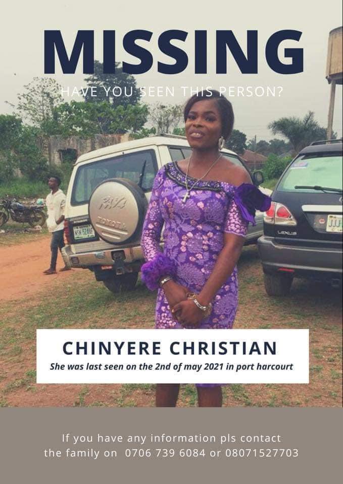 Please 😭😭 help me to share, my sister has been missing 😭 On the 2nd of may 2021 my sister (Chinyere Christian) aged 25.hails from amulu imo state.dark in complexion. (Story from the younger sister ) If you see this on your timeline, please help retweet