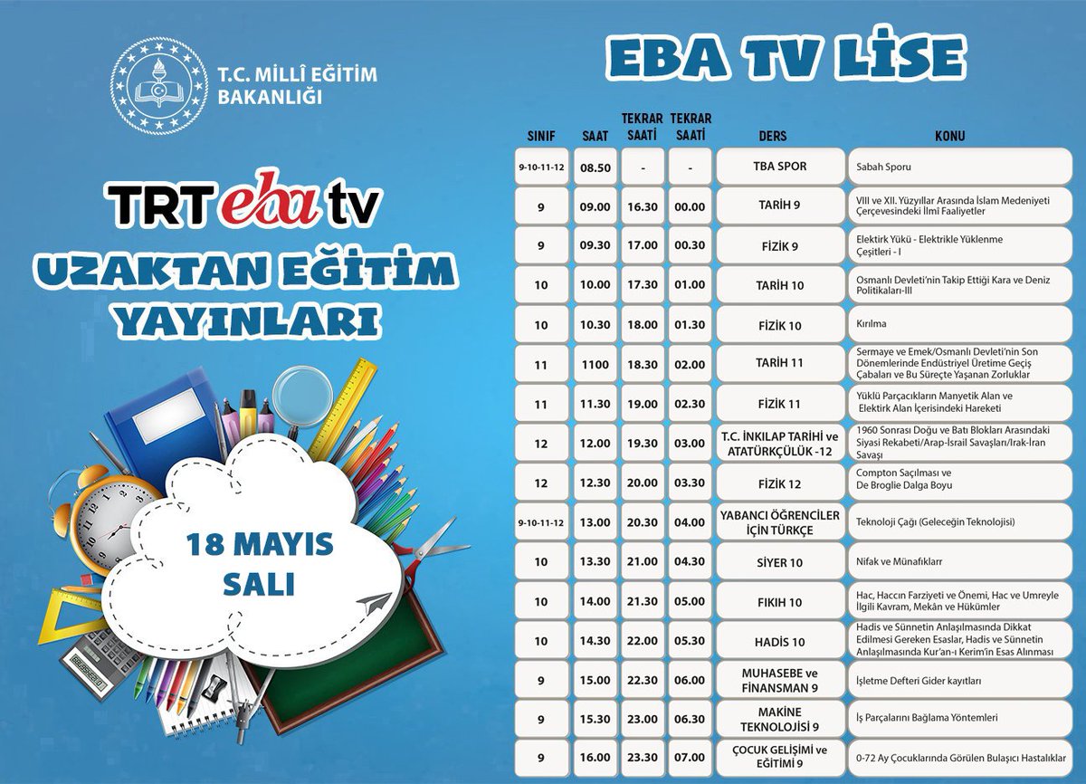 📺 TRT E🅱️🅰️ TV #İlkokul #Ortaokul #Lise Uzaktan Eğitim Yayınları Devam Ediyor. 

📆1️⃣8️⃣ Mayıs 2️⃣0️⃣2️⃣1️⃣ Salı

İyi dersler dileriz.

#uzaktaneğitimleokuldayım

<a href="/ersaksoy/">ERTUĞ ŞEVKET AKSOY</a> <a href="/mugla_mem/">Muğla İl Millî Eğitim Müdürlüğü</a> <a href="/pervin_tore/">Pervin TÖRE</a> <a href="/zuleyhaaldogan/">Züleyha Aldoğan</a>