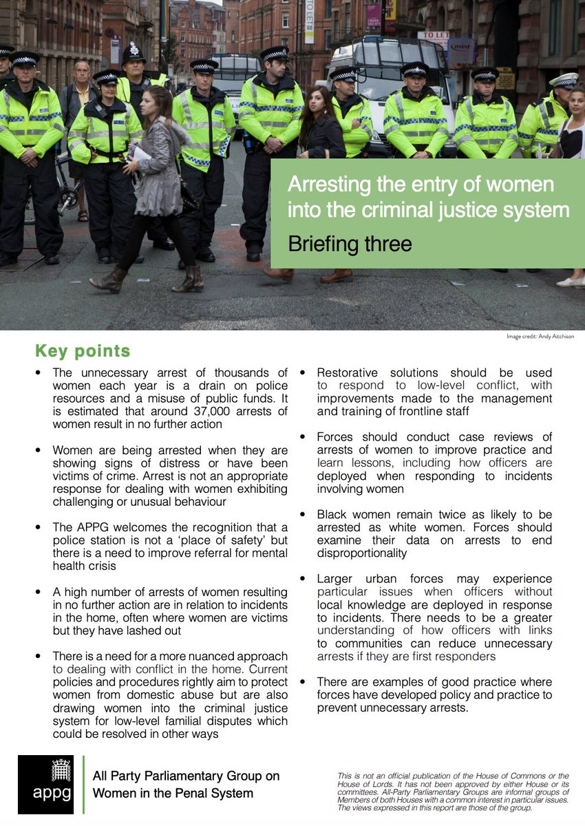 APPGWomenInPS's tweet image. Published today: the third briefing from the APPG inquiry into arrests of women.

This briefing includes analysis that digs deeper than ever before into the reasons why thousands of women are arrested unnecessarily each year.

howardleague.org/news/cross-par…