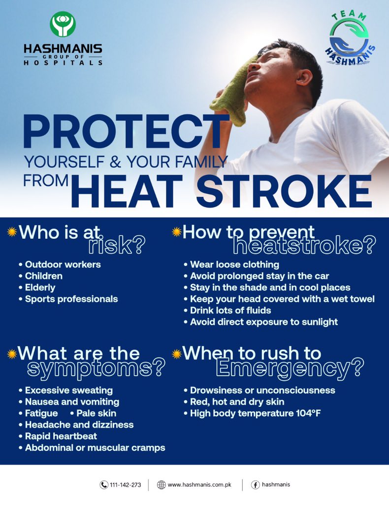 hashmanis1's tweet photo. As the Karachi city will be in grip of an intense heat wave for few more days, here are some tips and preventions to keep yourself safe from heat stroke. 
Stay safe! 

#HashmanisHospital #heatwave #heatstroke #karachi #karachiheatwave https://t.co/bkOzSjzz6A