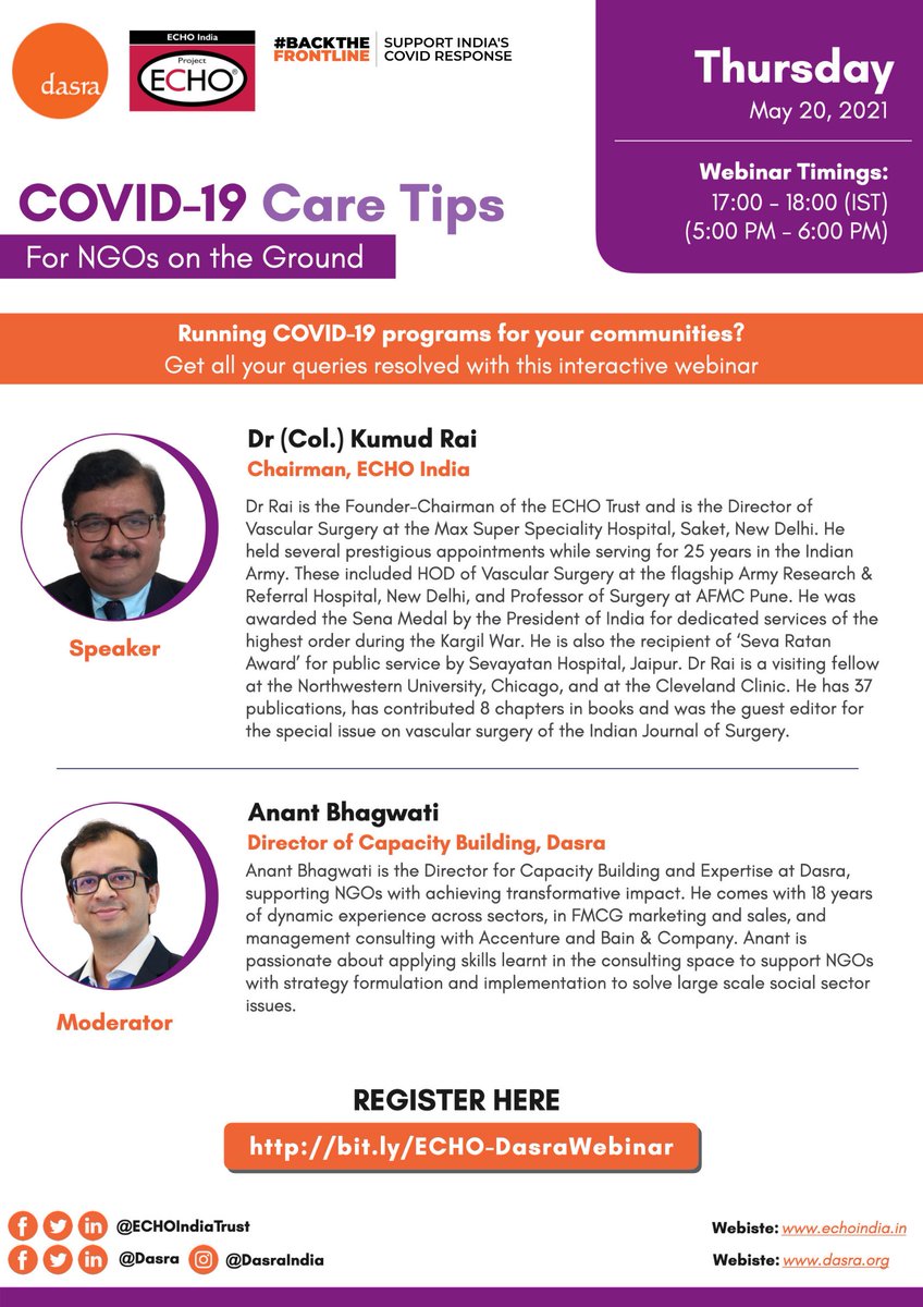 Running COVID-19 programs for your communities? Join our webinar with <a href="/ECHOIndiaTrust/">ECHO India</a> on COVID-19 Care Tips for NGOs working on the ground on Thursday, 20th May at 5 pm IST.
Register here: bit.ly/ECHO-DasraWebi…