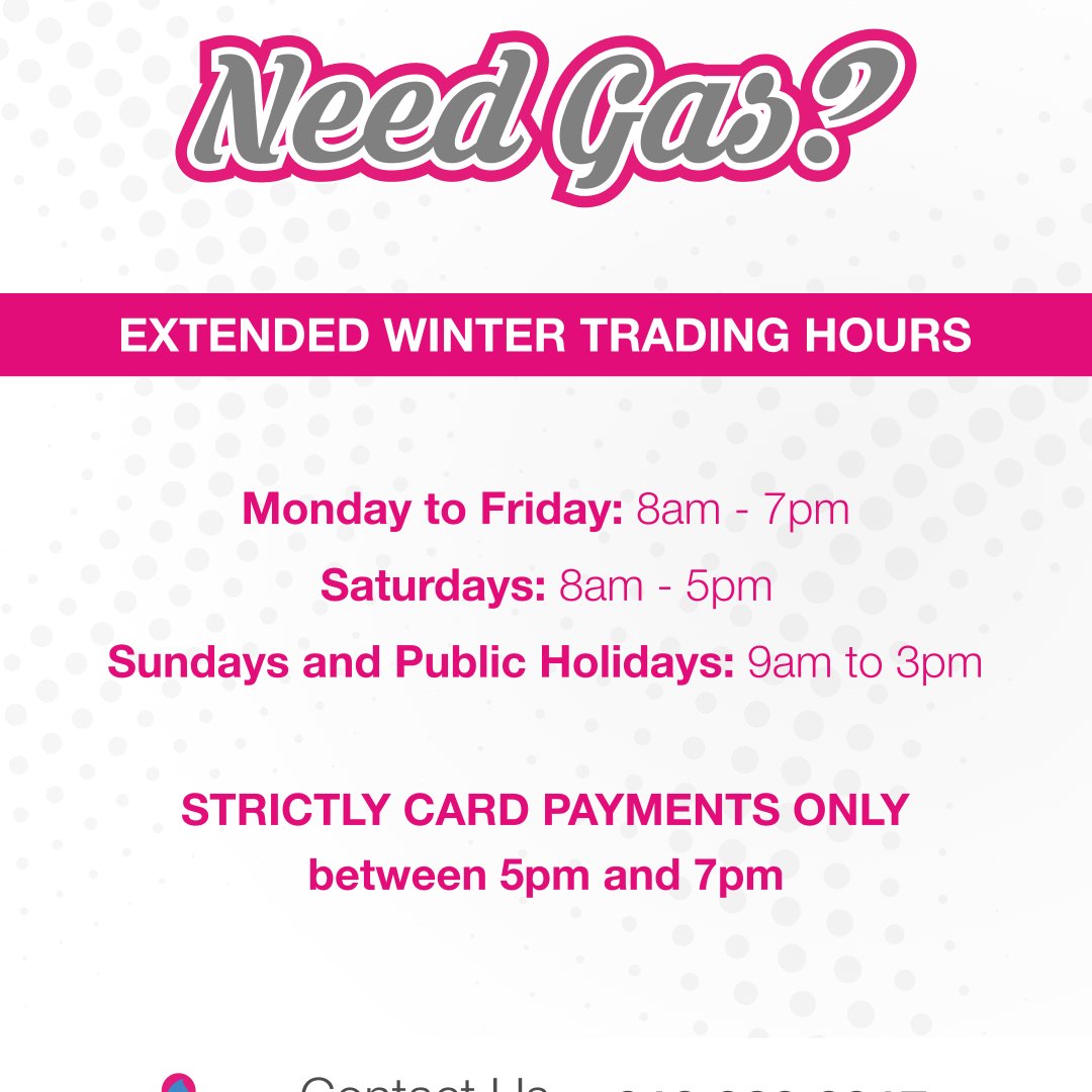 We have extended our trading hours this Winter! But strictly card payments only between 5pm and 7pm. #needgas #thegascompany #centurion #Gauteng