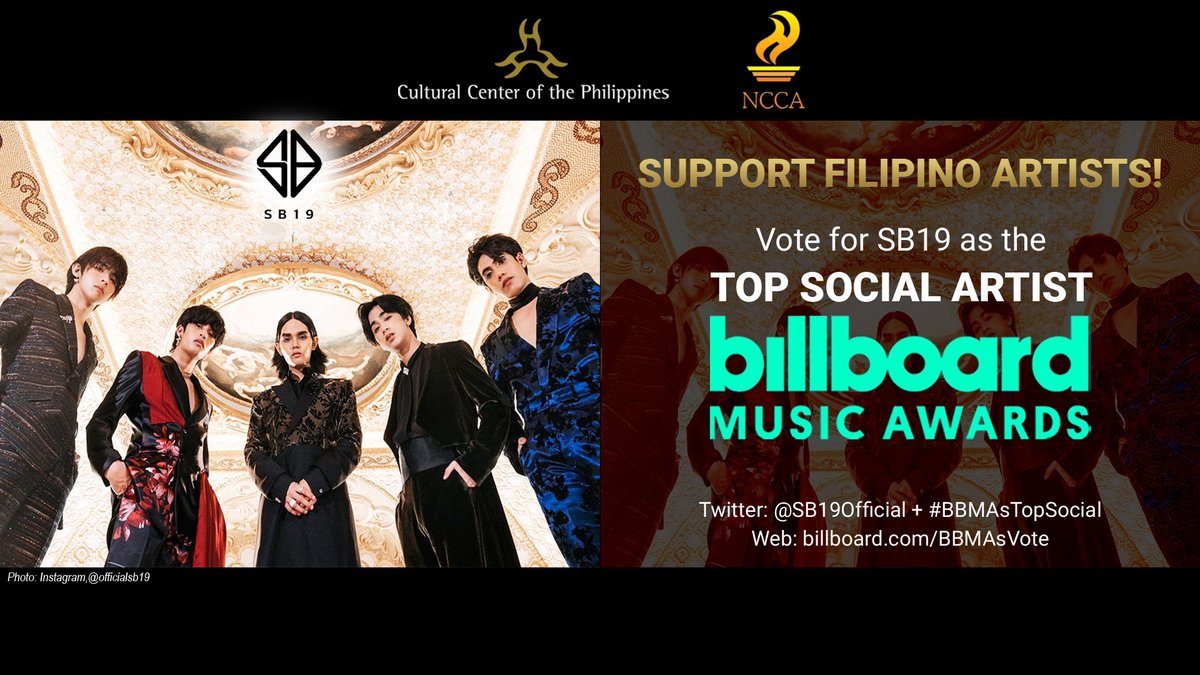 For the first time in history, a Philippine act/artist has been nominated in the Billboard Music Awards (BBMA) under the Top Social Artist award category. To cast your vote, visit billboard.com/p/bbmasvote/ #SB19 #BBMA #BBMAsTopSocialArtist @SB19Official @BBMAs @NCCAOfficial