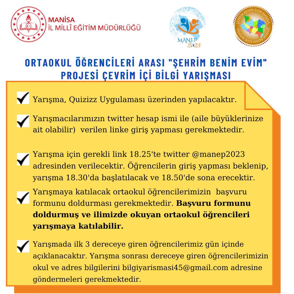 manep2023's tweet photo. 🔊Değerli Öğrencilerimiz Yarışmaya Hazır Mısınız ❓❓

AR-GE Birimince yürütülen "Şehrim Benim Evim" Projesi kapsamında düzenlenecek çevrim içi bilgi yarışmasına katılımınızı bekliyoruz...

📅 20-21 Mayıs 2021

⏱️ 18.30 

Ayrıntılı bilgi için ⬇️
https://t.co/v0K9HtaGUj… https://t.co/xHXxPrAr55