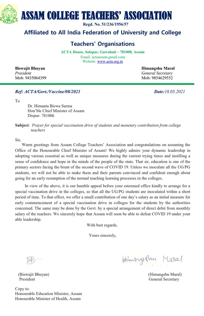 ACTA_ASSAM's tweet photo. ACTA is willing to donate a day's salary of college teachers to the Govt. for a special vaccination drive in colleges for students. We need to make our students safe and secure for early resumption of teaching-learning
@CMOfficeAssam 
@himantabiswa 
@keshab_mahanta 
@ranojpegu https://t.co/Ck4COy1L9e
