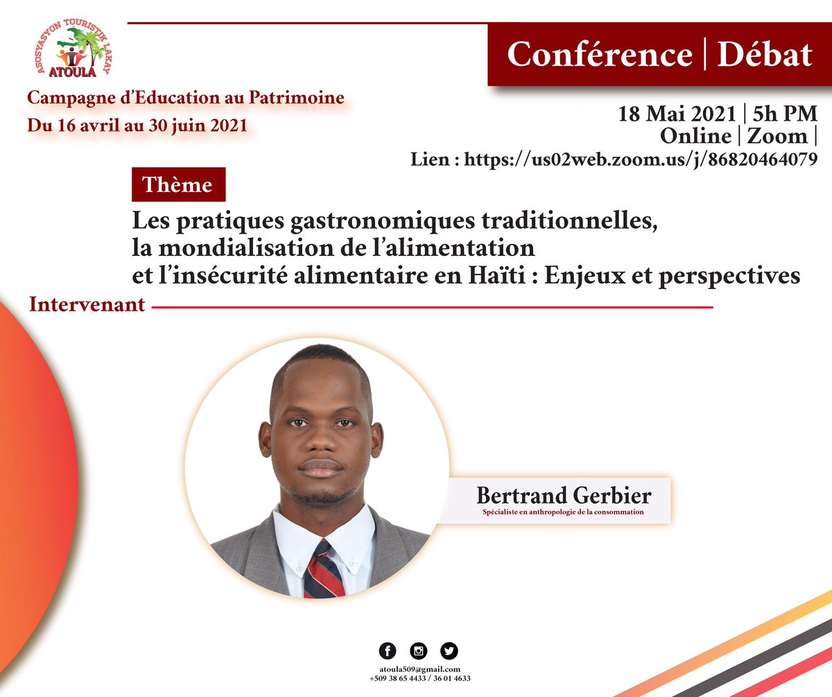 Atoula509's tweet photo. ATOULA is inviting you to a scheduled Zoom meeting.
Topic: Les pratiques gastronomiques traditionnelles et l’insécurité alimentaire en Haïti : Enjeux et perspectives 
Time: May 17, 2021 05:00 PM America/Port-au-Prince
Join Zoom Meeting
https://t.co/zyO8i7BOXe https://t.co/qHrTOfrGhL