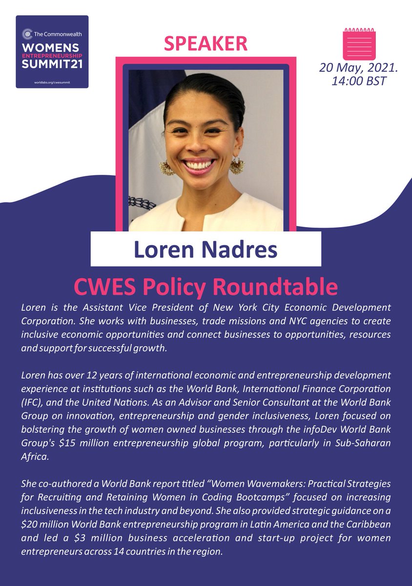 Loren Nadres will be speaking on 20 May at 14:00 BST

Visit worldlabs.org/cwesummit to register

#women #entrepreneurship #empoweringwomen #business #commonwealth #businesswomen #event
