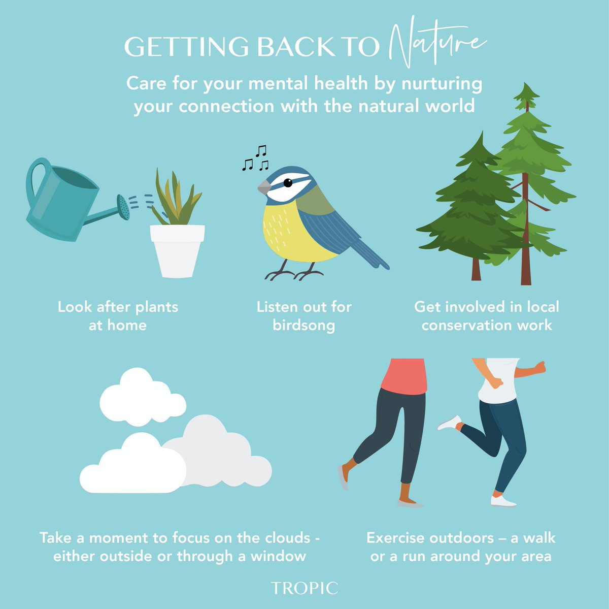 Tropicskincare.com/Woodstock

GETTING BACK TO #nature 
Care for your mental health by nurturing your connection with the natural world 
#selfcare
#MentalHealth