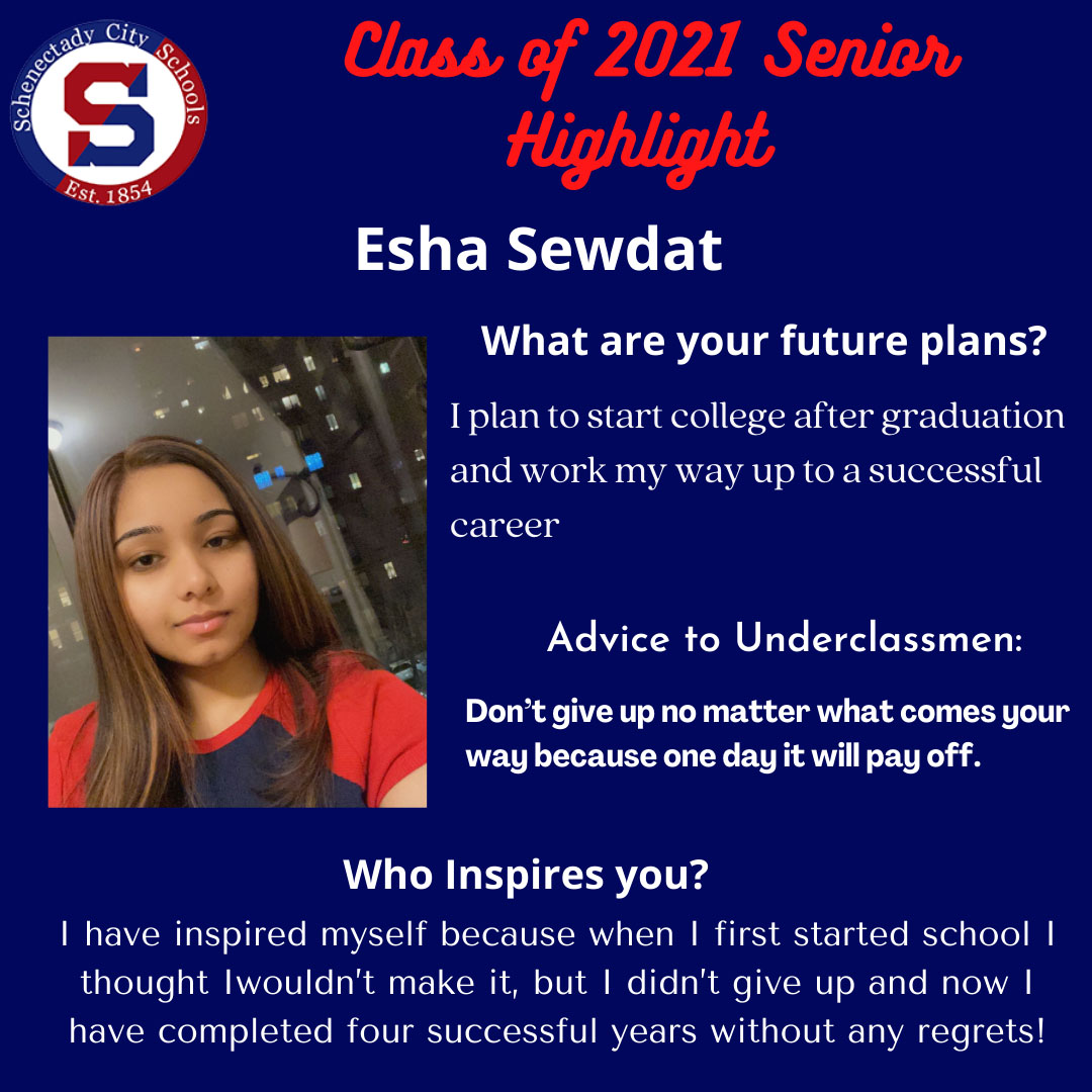 SCSchools's tweet image. Congrats to Esha Sewdat, SHS Class of 2021 Senior Highlight💯 Esha plans to attend college in the fall.  She has worked hard &amp;amp; followed her own advice📌 #nevergiveup #noregrets 🙌🏽 We wish her best luck &amp;amp; know she is determined to reach her goals👍🏽#schenectadyvibes #shsclassof2021