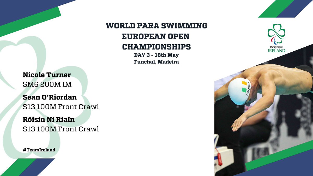 Day 3️⃣ for #TeamIreland at #Madeira2020 

All three swimmers will race in the morning heats ⤵️

11:01 ➡️ Sean O’Riordan 

11:03 ➡️ Róisín Ní Ríaín 

11:19 ➡️ Nicole Turner 

🎥 paralympic.org/madeira-2020

#ParaSwimming