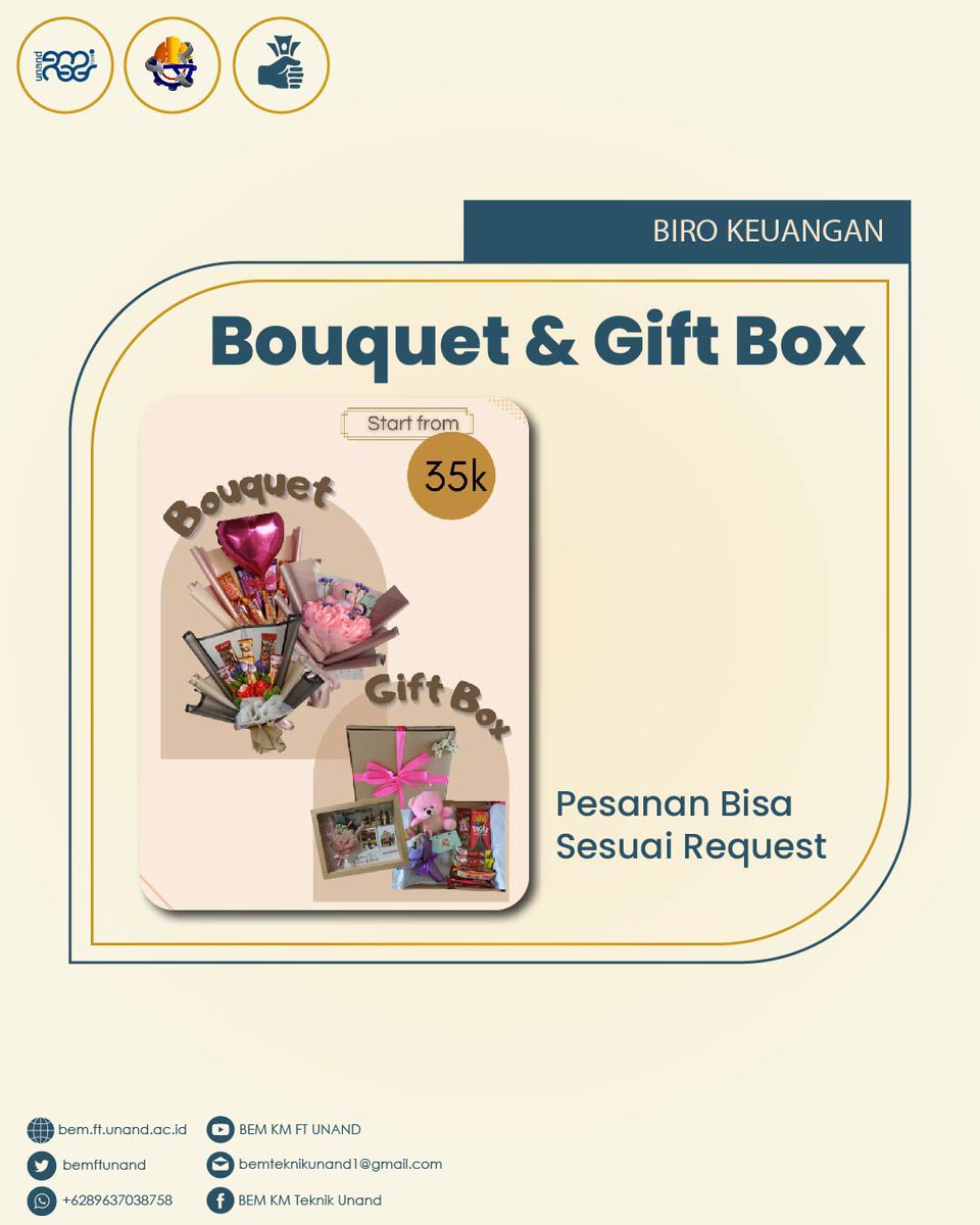 bemkmftunand's tweet photo. [BOUQUET &amp; GIFT BOX]

Gak terasa sebentar lagi bakalan ada acara wisuda nih🤩. Nah, dari kita ada sesuatu sebuah hadiah yang bisa diberikan ke orang tersayang teman, sahabat, pacar, ataupun saudaramu sebuah buket dan gift box dari keuanganbemftunand. https://t.co/2A6ILXmvU2