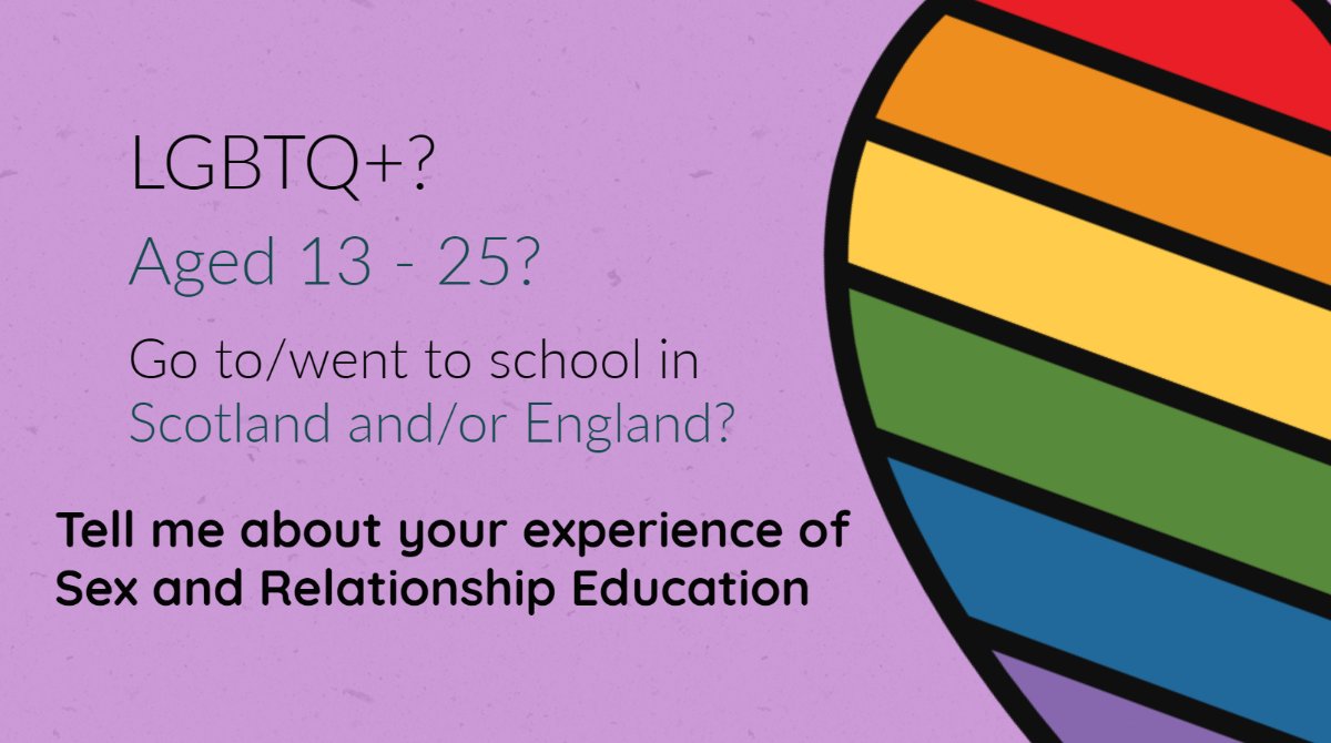 caitjob's tweet photo. Hello! I am looking for young LGBTQ+ people to complete a survey for my Masters dissertation on comparing experiences of sex and relationship education in Scotland and England. Please take part by clicking on the link below and/or share if you can! https://t.co/DVasfjZGqq https://t.co/R0T0bl9Jsx