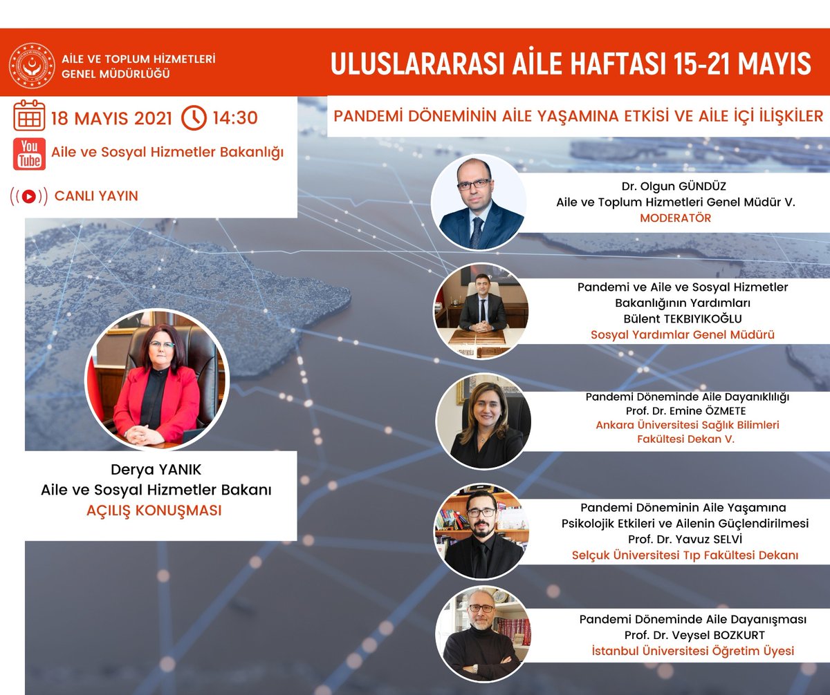 "Pandemi Döneminin Aile Yaşamına Etkisi ve Aile İçi İlişkiler" konulu panelimize:
<a href="/olgun_gunduz/">Olgun Gündüz 🇹🇷 🇹🇷</a> moderatörlüğünde 
Bülent  Tekbıyıkoğlu <a href="/TekbBulent/">Bülent TEKBIYIKOĞLU</a>
Prof.Dr.Emine Özmete
Prof.Dr.Yavuz Selvi <a href="/dryavuzselvi/">Yavuz Selvi</a> 
Prof.Dr.Veysel Bozkurt <a href="/vbozkurt55/">Veysel BOZKURT</a>  
katılım sağlayacaklar.
<a href="/tcailesosyal/">T.C. Aile ve Sosyal Hizmetler Bakanlığı</a>