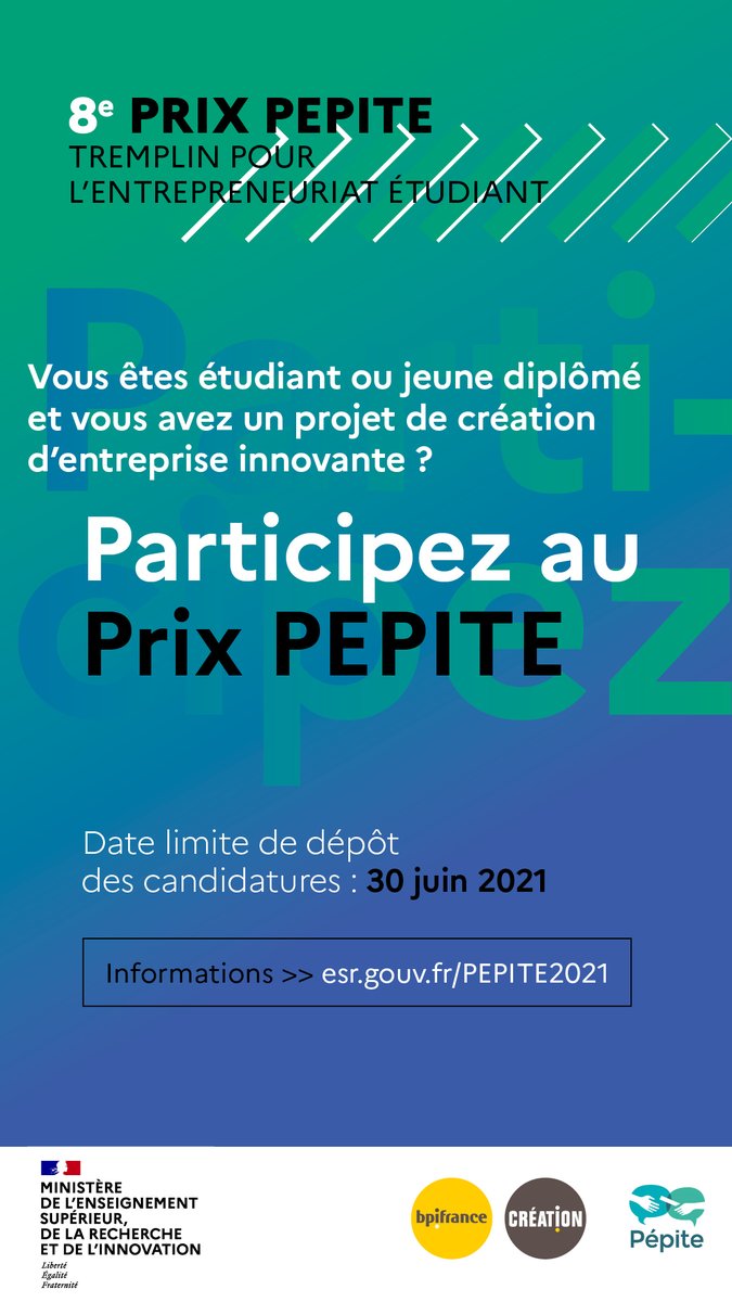 💥 Prix Pépite 2021 💥 

🏆Ce prix national récompense le meilleur projet issu de chaque pôle Pépite qui sera désigné Champion et remportera 10 000€ 💰
4 lauréats seront également dotés d’une récompense 💯

📅 Date limite de candidature : 30 juin à 14h
👉 pepite-psl.inook.website/fr/events/proj…
