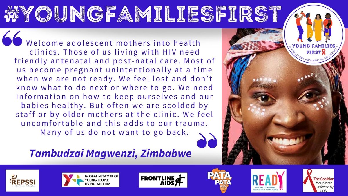 #YoungFamiliesFirst: We must welcome adolescent mothers into health clinics. 
 
Tambudzai talks about the importance of friendly &amp; informative antenatal/postnatal care. 

Join the campaign empowering adolescent parents affected by HIV &amp; their children 👉 bit.ly/YoungFamiliesF…