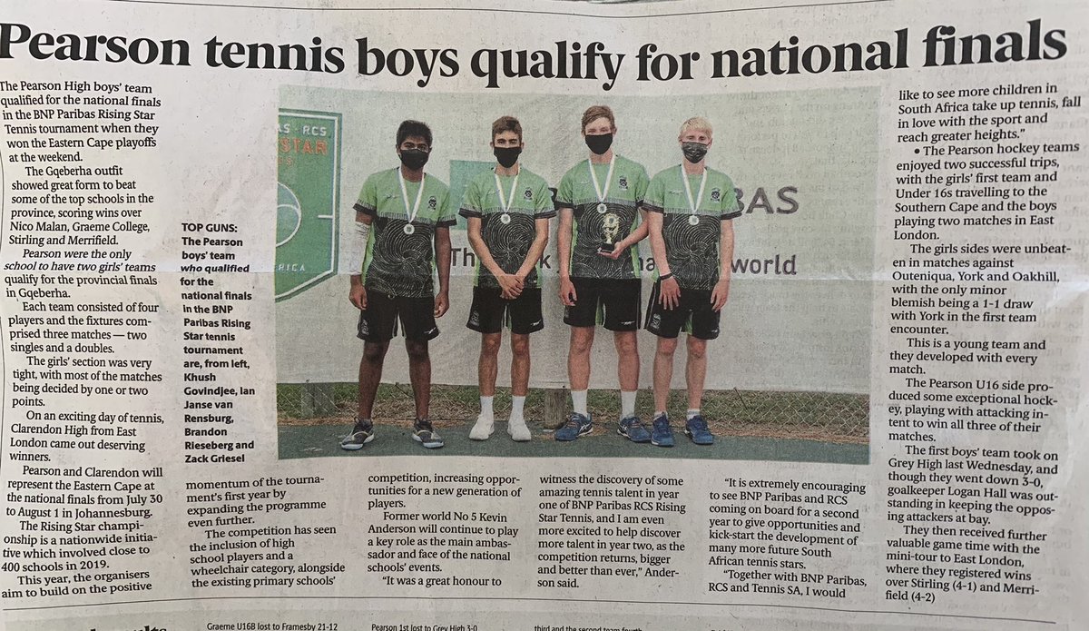 DevMatchRef's tweet photo. Great effort by the Pearson High Tennis team to qualify for the BNP Paribas Riding Star national tournament in Jhb end of July. Proud of Khush & the rest of the team #easterncape #pearsonhigh #tennis https://t.co/TZSpvVLvRm