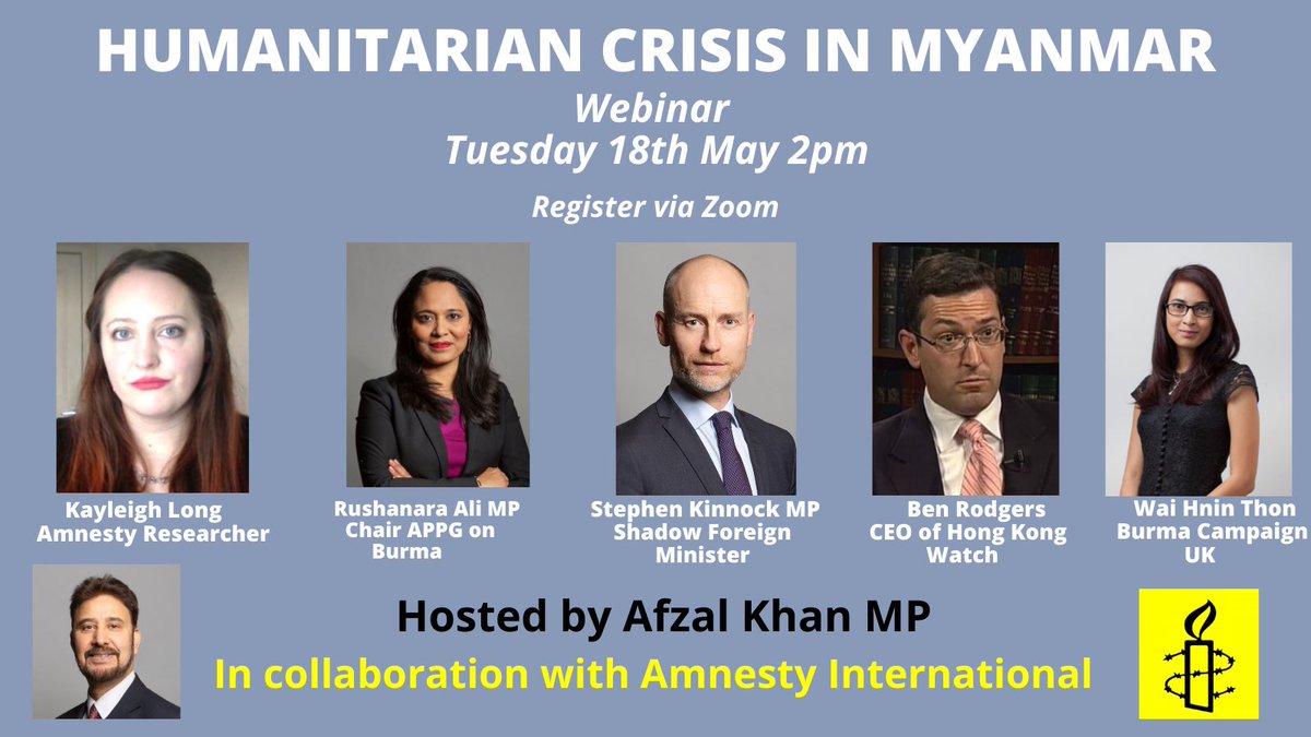 It will be my privilege to join <a href="/rushanaraali/">Rushanara Ali MP 💙</a>, <a href="/SKinnock/">Stephen Kinnock</a>, @Afzal4Gorton, <a href="/benedictrogers/">Benedict Rogers 羅傑斯</a> and <a href="/ayleighk/">Kayleigh E Long</a> today at 2pm (UK time) to discuss the growing humanitarian crisis in Burma. 

You can register here: us02web.zoom.us/meeting/regist…