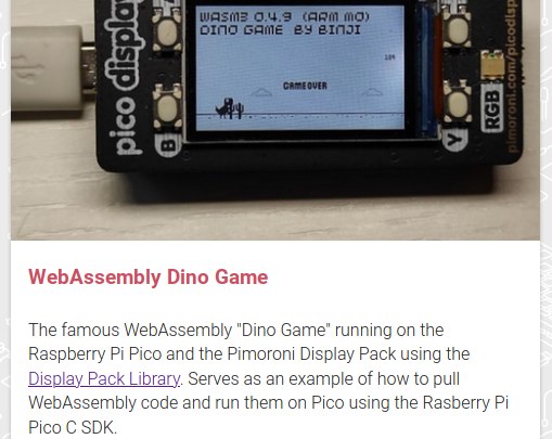 wasm3_engine's tweet photo. WHOA! WebAssembly Dino game is featured on Raspberry Pi Pico page 🙀

➡️ https://t.co/56ZkRcyrgL

#RP2040 #wasm https://t.co/JHPAjjq2B1