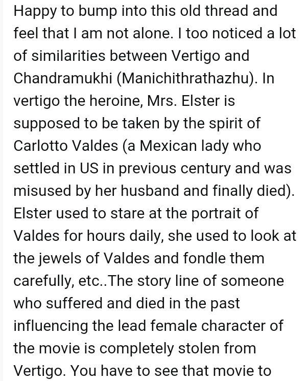 AkshayK24x7's tweet photo. Origin of film #BhoolBhulaiya

#Vertiligo (1958) - where Mrs.Elster was supposed to taken by spirit of Charlotte Vaides and her potrait

#Manichithrathazhu (Malayalam, 1993) is said to be inspired from real life story of Alumoothil family where Nephew killed his uncle Karnavar... https://t.co/KwU3T7G7qD