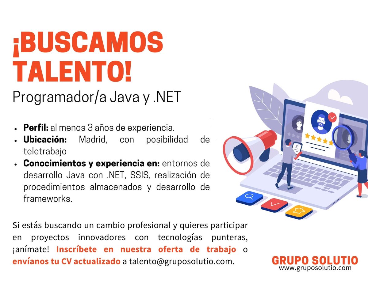 Grupo_Solutio's tweet image. Seleccionamos un/a #ProgramadorJava y .NET para trabajar en proyecto de cliente dedicado a la #transformacióndigital. 

➡Aplica aquí: bit.ly/2SYNo1m
➡Envíanos tu CV a talento@gruposolutio.com 

#SolutioTalent #JavaScript #programadoras #empleoIT #Java #ITjobs