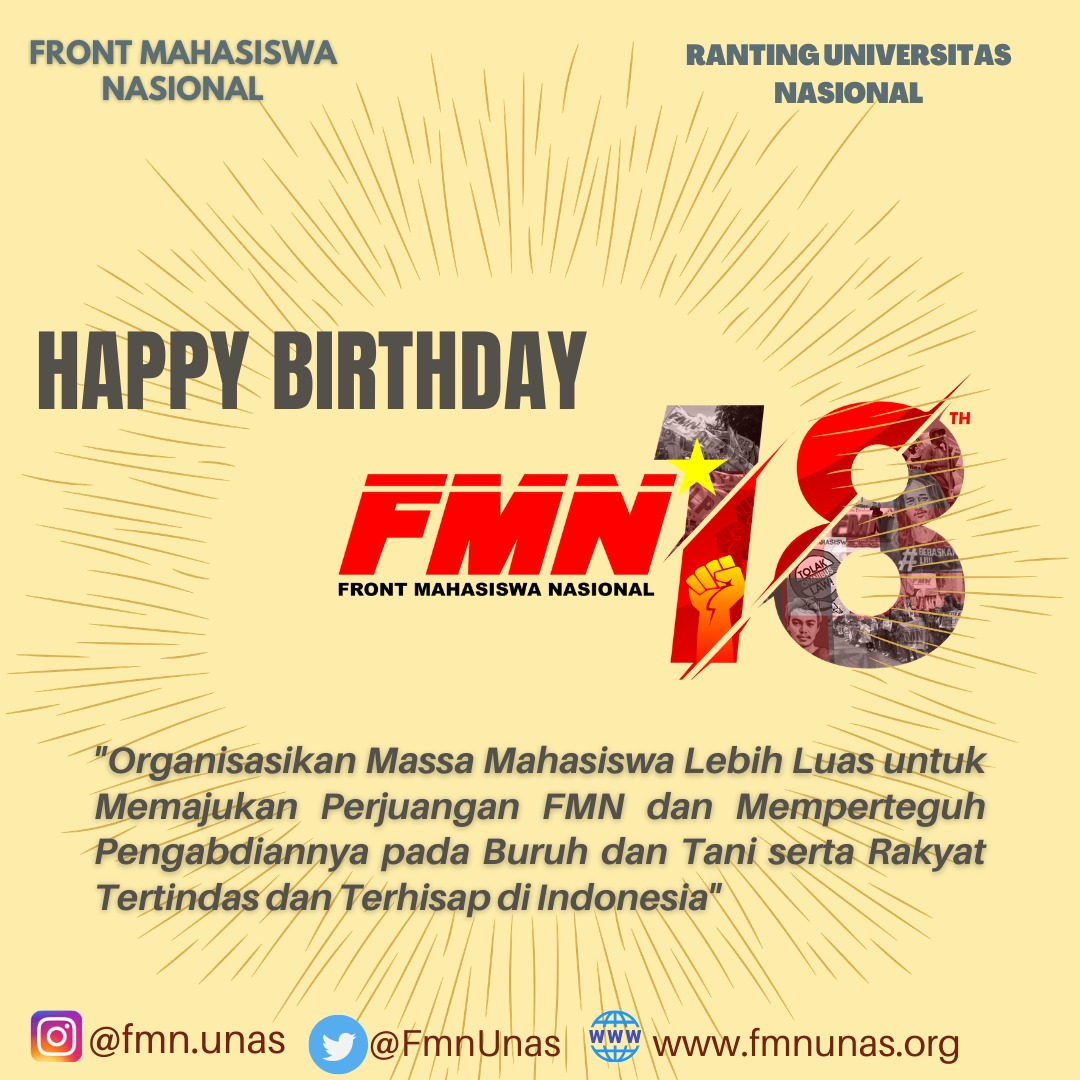 FmnUnas's tweet photo. Berjuang bersama rakyat terhisap di Indonesia!! 

#FrontMahasiswaNasional
#Sweet18th https://t.co/b6Vy9F3a02