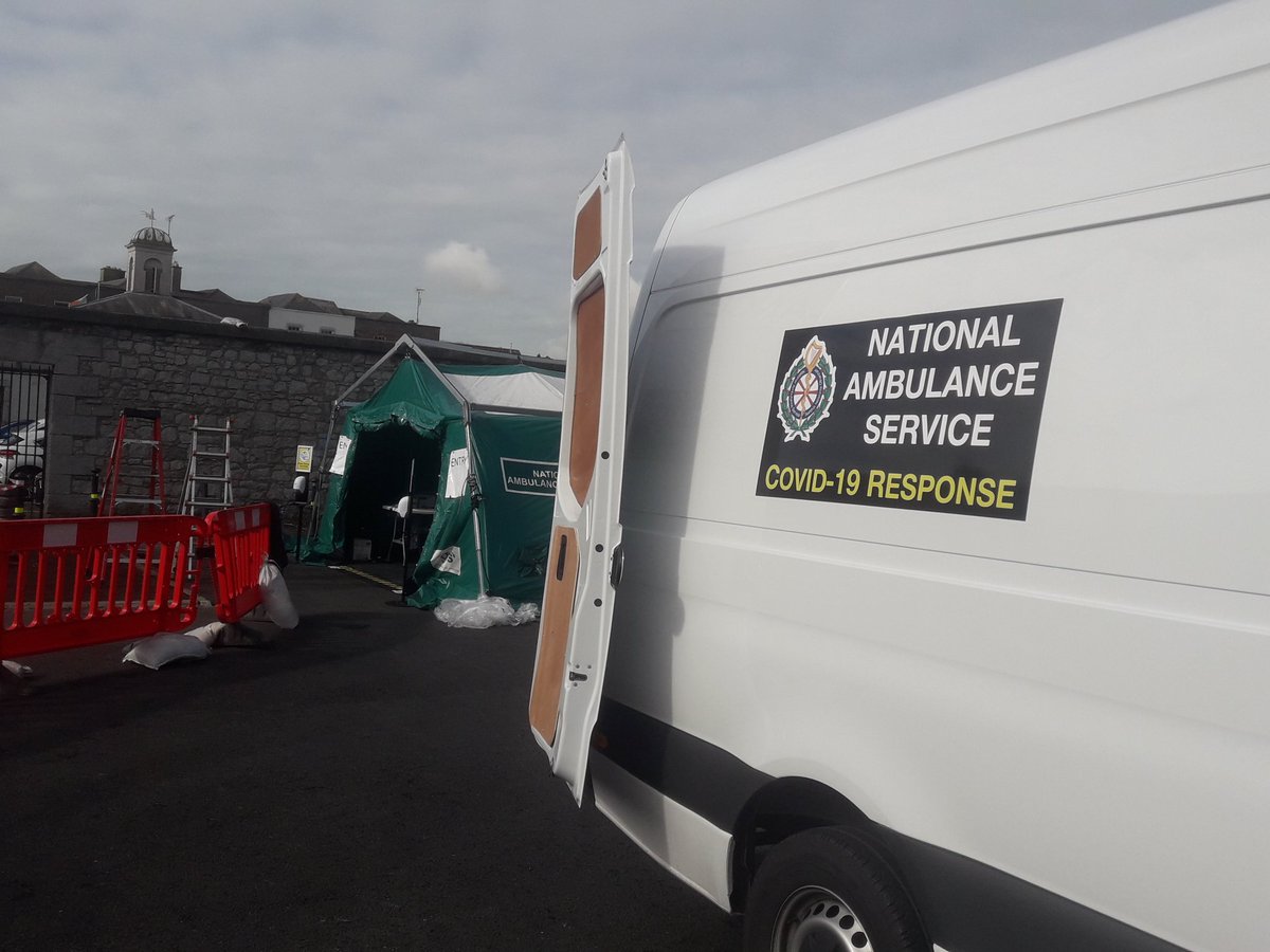 Preparations underway for the  walk-in Covid-19 test centre at Bolton Square carpark, Bolton Street, Drogheda Co Louth. The centre will open from today, Tuesday 18 May until Thursday 20 May from 10am to 6pm each day <a href="/AmbulanceNAS/">National Ambulance Service</a> <a href="/HSELive/">HSE Ireland</a>