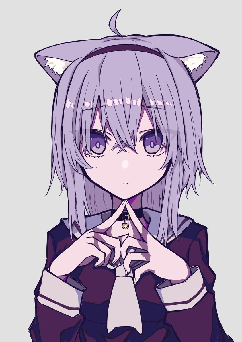 nekomata okayu 1girl animal ears solo cat ears purple eyes ahoge purple hair  illustration images