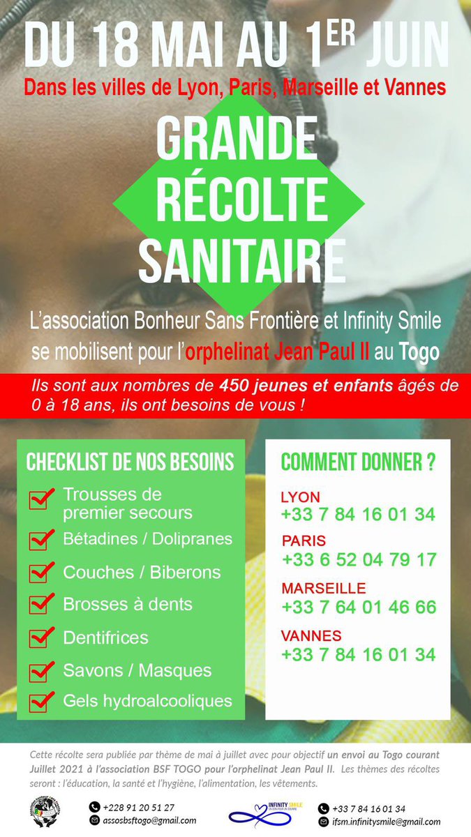 Infinitysmile20's tweet photo. Hello à tous.   
En espérant que vous vous portez bien .
Suite à notre récolte éducative qui s’est très bien déroulée les dernières semaines, nous passons à une récolte sanitaire pour l’ORPHELINAT DU TOGO.   
L’équipe InfinitySmile vous remercie d’avance💖
⬇️⬇️⬇️⬇️⬇️⬇️⬇️⬇️⬇️⬇️⬇️ https://t.co/Ki3ypdxdd3