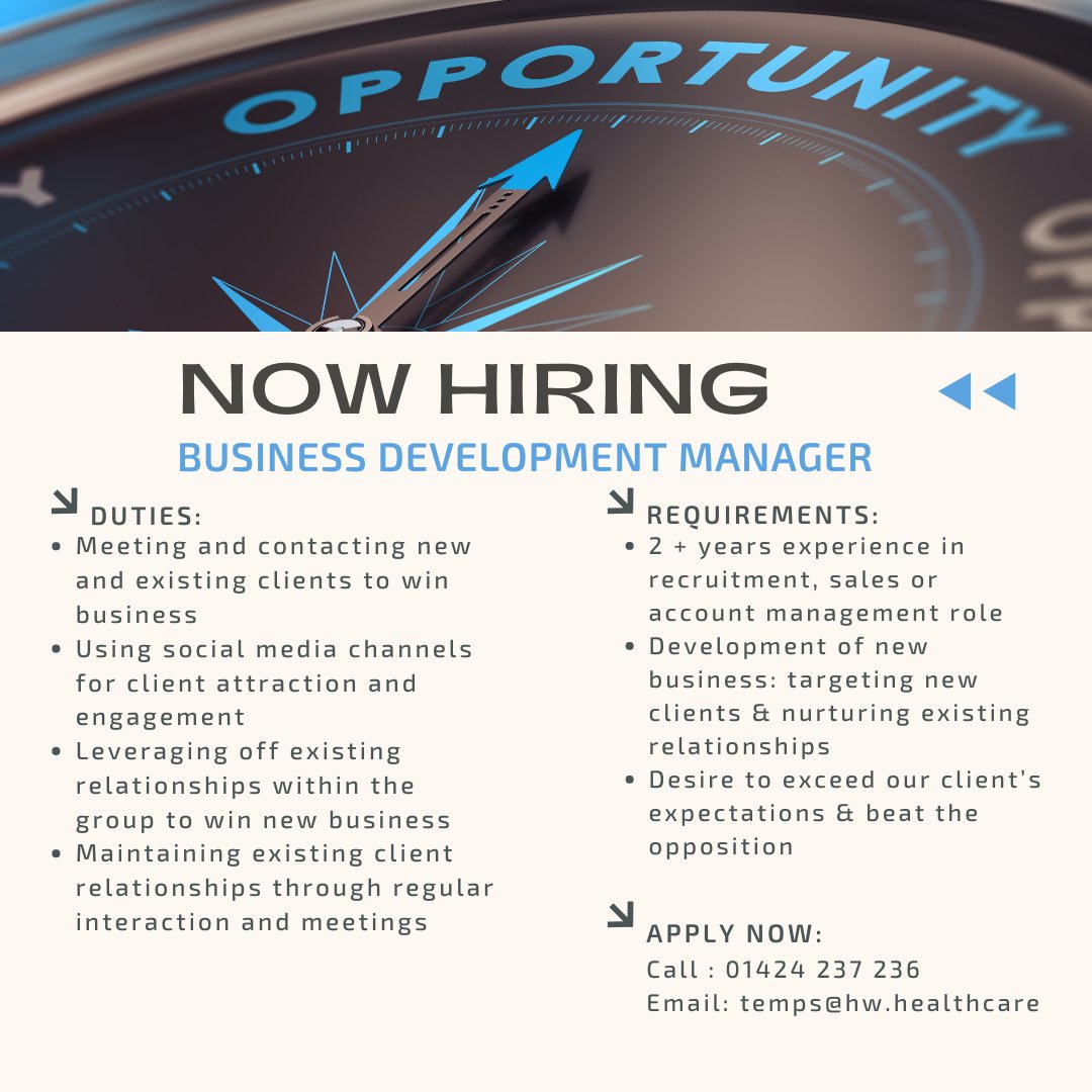 hwhealthcareltd's tweet photo. We are looking for a Business Development Manager in our Sales Team to sell recruitment and technology solutions into the private and public sector healthcare industry.
£22,500 - £42,100 OTE (depending on experience)

Call us on:01424237236
London or Hastings, Flexible working. https://t.co/M5AytklUAk