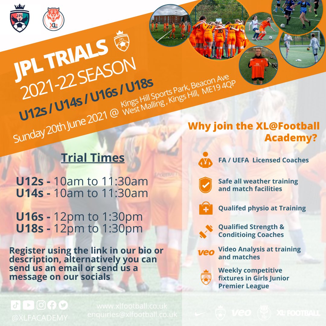 SEFAWomen's tweet photo. The XL@Football Academy are hosting open trials on the following dates; 

U8s to U10s - Friday 18th June 2021 @ Holcombe Grammar School, Chatham.

U12s to U18s - Sunday 20th June 2021 @ Kings Hill Sports Park, Kings Hill.

Register your interest using link https://t.co/a3P5RXfAOf https://t.co/qmC9rwKcPW