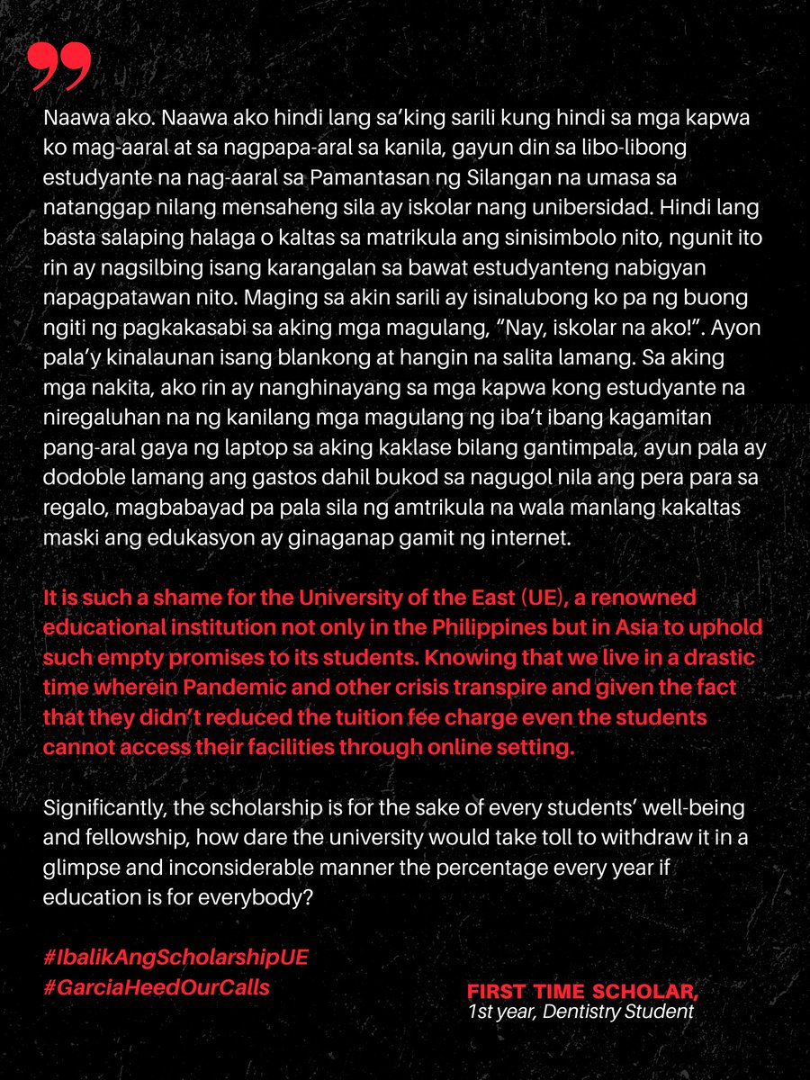r4eUE's tweet photo. BASAHIN: PAHAYAG NG MGA MANDIRIGMA HINGGIL SA SCHOLARSHIP DISQUALIFICATION NG UE

Sa gitna ng lumalalang pandemya ay walang awang tinanggalan ng scholarship ang higit sa isang libong estudyante ng UE. 

#IbalikAngScholarshipUE
#GarciaHeedOurCalls https://t.co/HQQGy86lFX