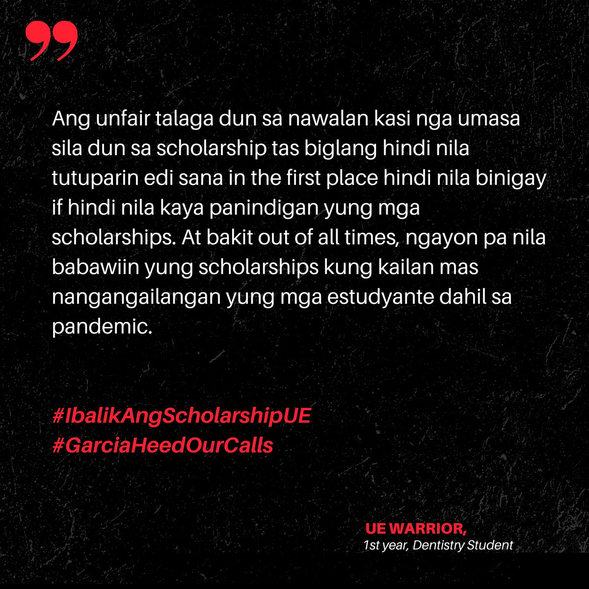 r4eUE's tweet photo. Bukas ang aming tanggapan para sa mga nais pang magbahagi ng kanilang mga karanasan o opinyon. Maaring magpadala ng mensahe sa aming social media accounts.

FB: https://t.co/EDsYaj2Ncm
Twt: https://t.co/EjLV18TZfp

#IbalikAngScholarshipUE
#GarciaHeedOurCalls https://t.co/fzuKA7QnAo
