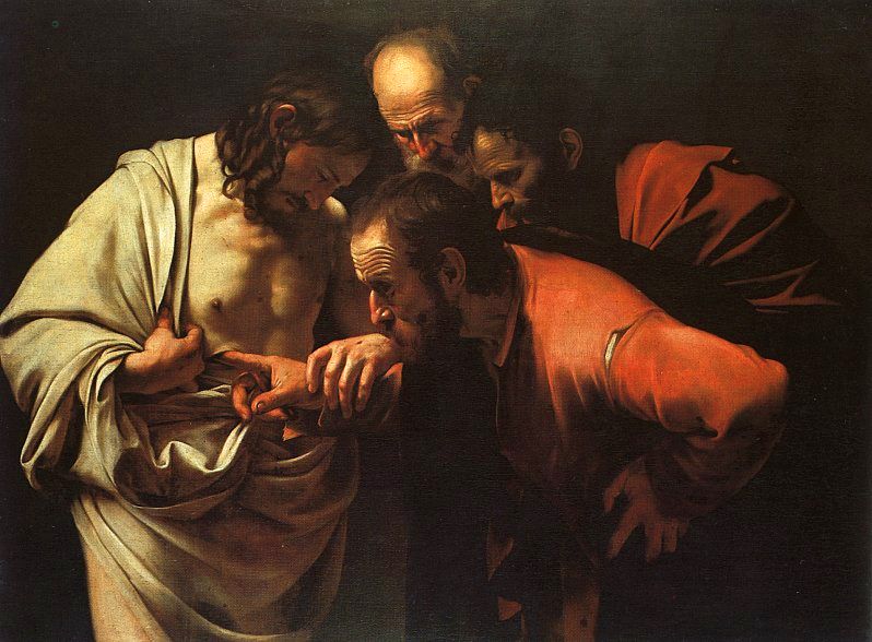 Jesus postet seine Impf-Einstichstelle auf Social. Thomas kommentiert: Fake.(Caravaggio, 1602)