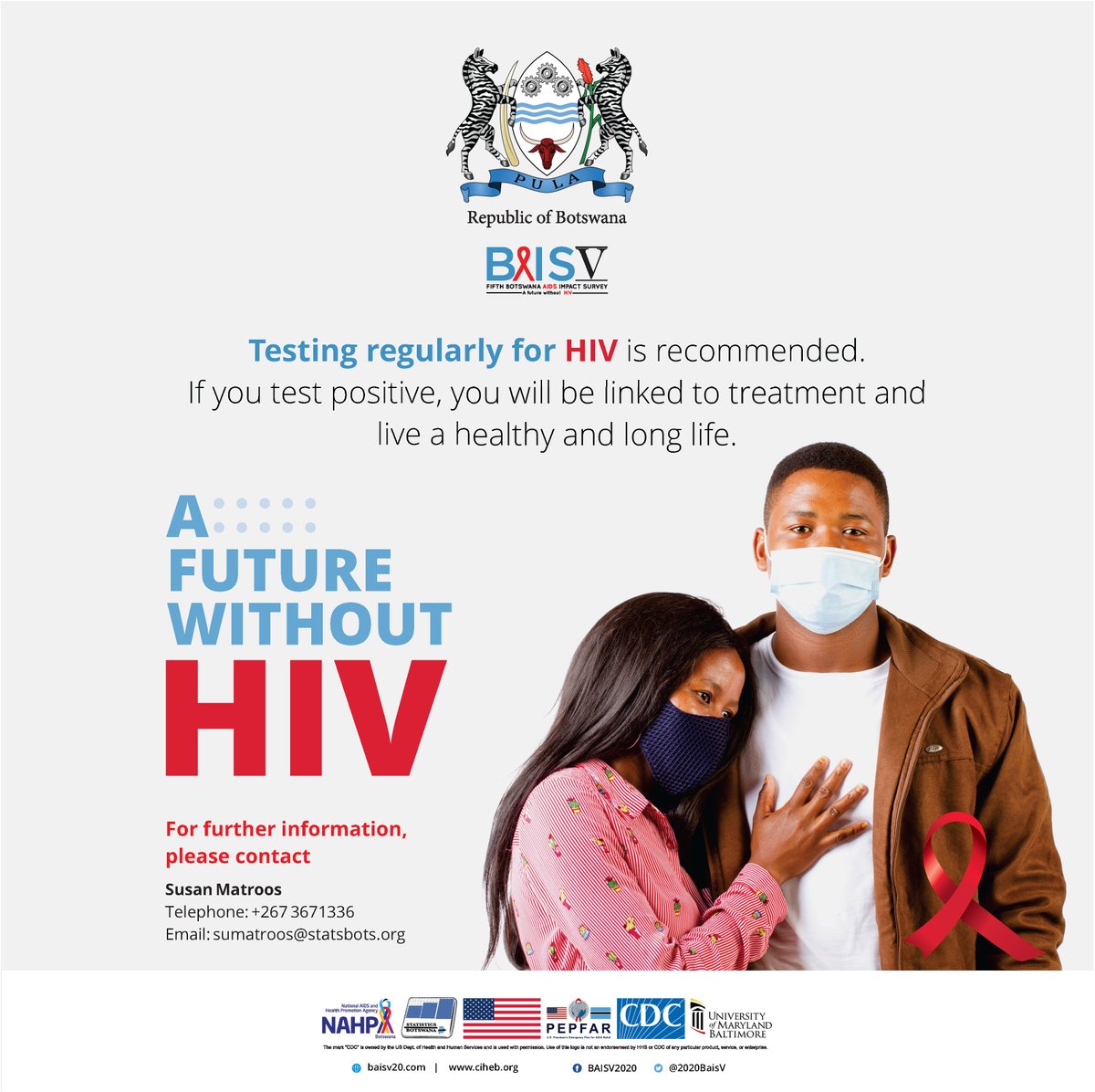 2020BaisV's tweet photo. Testing regularly for #HIV  is recommended. If you test positive, you will be linked to treatment and live a healthy and long life.#Botswana  @Ciheb_UMB @CDCgov @OfficialBummhi @statsbots https://t.co/7fQhhbjY6G