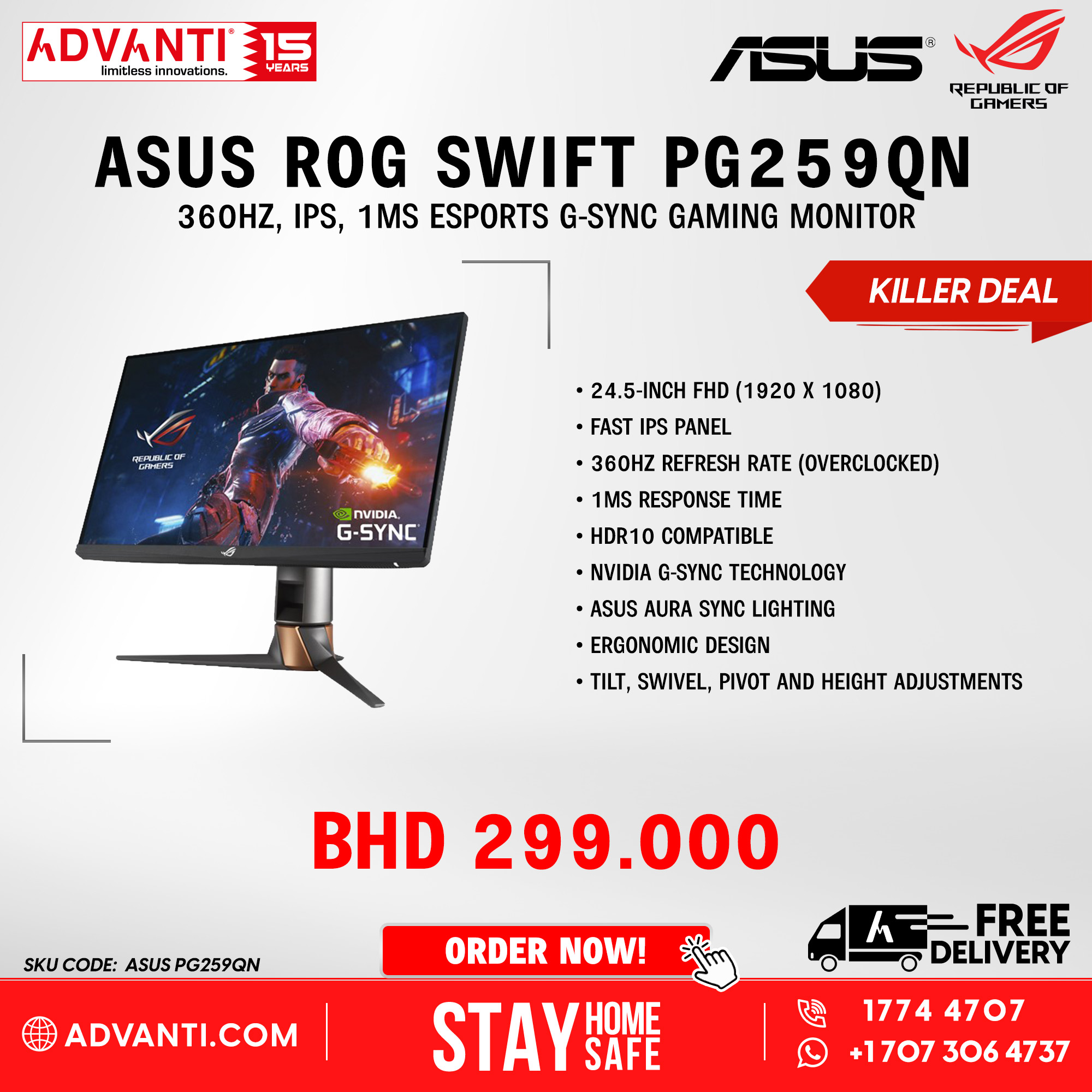 Monitor Gaming ASUS ROG Swift PG259QN (24.5'' - 1 ms - 360 Hz - Nvidia  G-Sync)