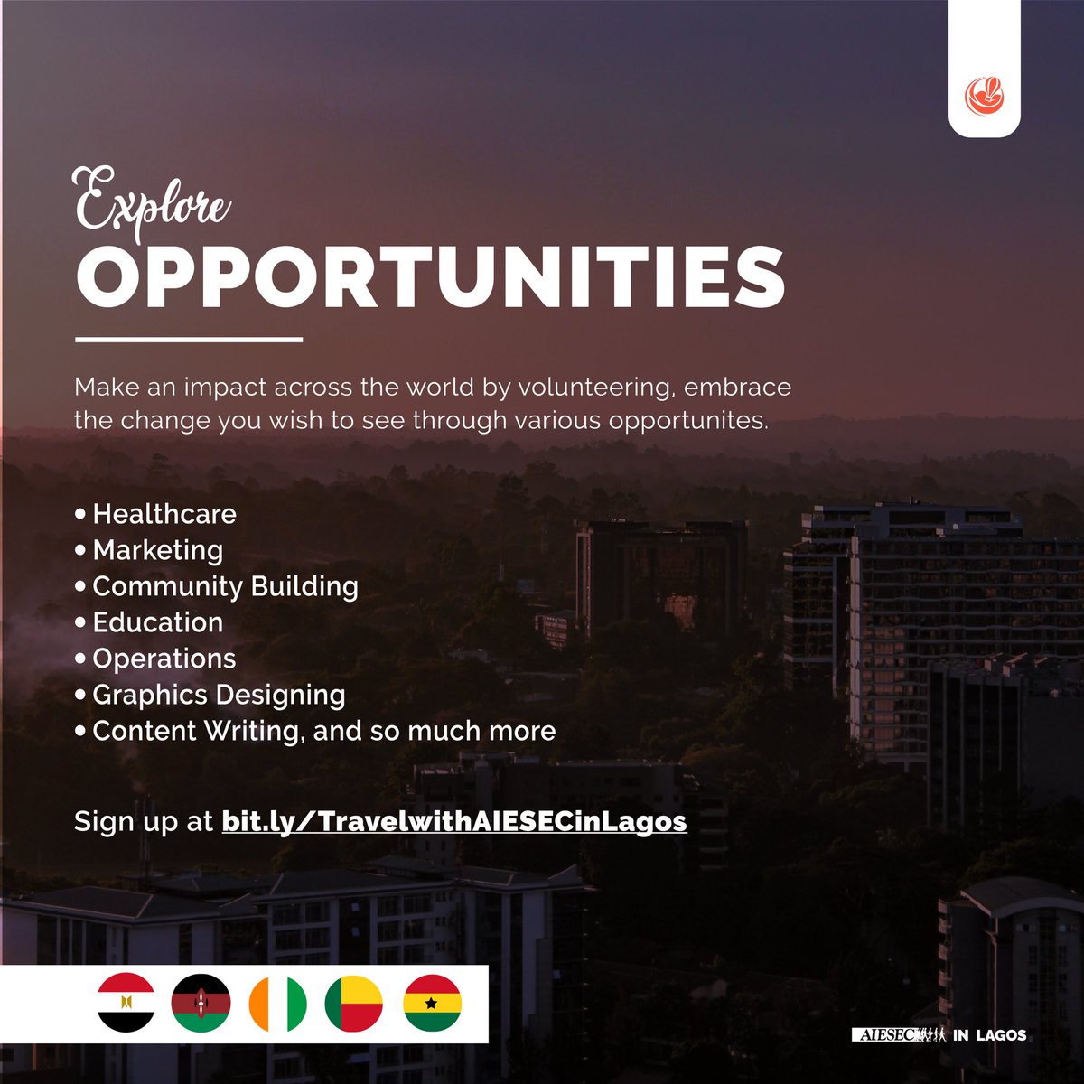 Make an impact across the world by volunteering, and embrace the change you wish to see through various opportunities. Begin your journey and sign up at bit.ly/TravelwithAIES… 💙✨ #AIESECinLagos