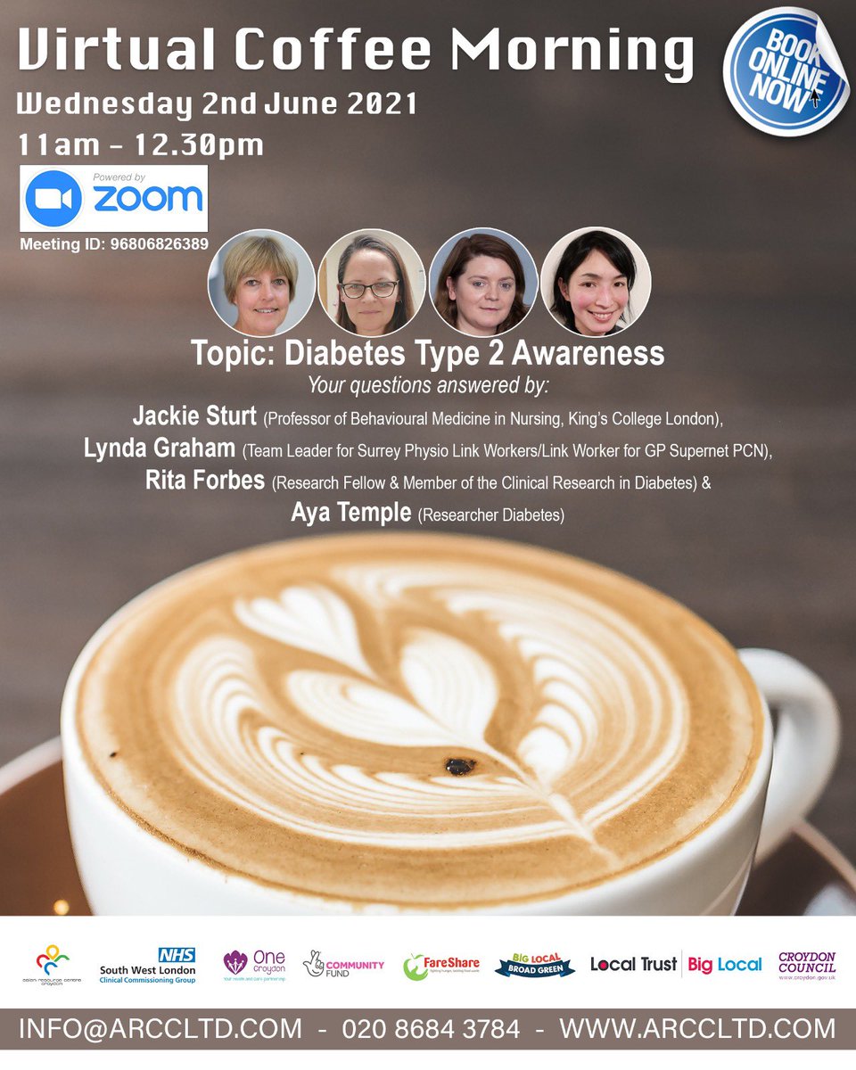 Our next #VirtualCoffeeMorning on Wed 2nd June, 11am - 12.30pm will focus on #Diabetes Type 2 Awareness. Register via: bit.ly/3fmV0Cq 

<a href="/CroydonNC/">Croydon Neighbourhood Care Association</a> <a href="/CroydonBMEForum/">Croydon BME Forum</a> <a href="/CroydonVA/">CroydonVA</a> <a href="/HealthwatchCR0/">Healthwatch Croydon</a> <a href="/AgeUKCroydon/">Age UK Croydon</a> <a href="/DiabetesUK/">Diabetes UK</a> @nhscroydon_ <a href="/croydonhealth/">Croydon Health Services NHS Trust</a> <a href="/yourcroydon/">Your Croydon</a> <a href="/CCommitment/">Croydon Commitment</a>