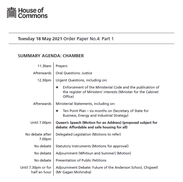 Order paper for 18 May 2021