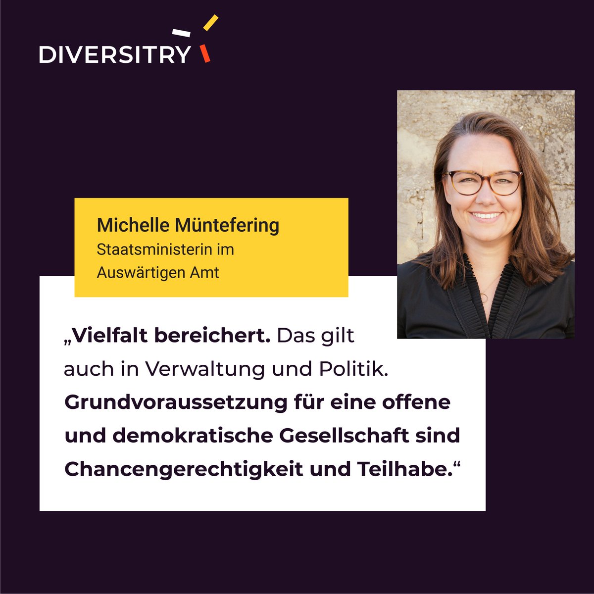 DIVERSITRY (@diversitry) on Twitter photo Wir freuen uns sehr, mit <a href="/Mi_Muentefering/">Michelle Müntefering</a>, Staatsministerin im Auswärtigen Amt, eine so hochrangige Unterstützerin gefunden zu haben.
#diversitymatters #DiversityTag #deutschlandneusortiert #invielfaltgeeint #auswärtigesamt #bundesverwaltung #vielfalt #repräsentativeverwaltung Wir freuen uns sehr, mit <a href="/Mi_Muentefering/">Michelle Müntefering</a>, Staatsministerin im Auswärtigen Amt, eine so hochrangige Unterstützerin gefunden zu haben.
#diversitymatters #DiversityTag #deutschlandneusortiert #invielfaltgeeint #auswärtigesamt #bundesverwaltung #vielfalt #repräsentativeverwaltung
