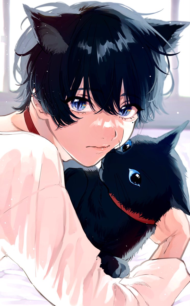 1boy animal ears male focus black hair blue eyes animal mole under eye  illustration images