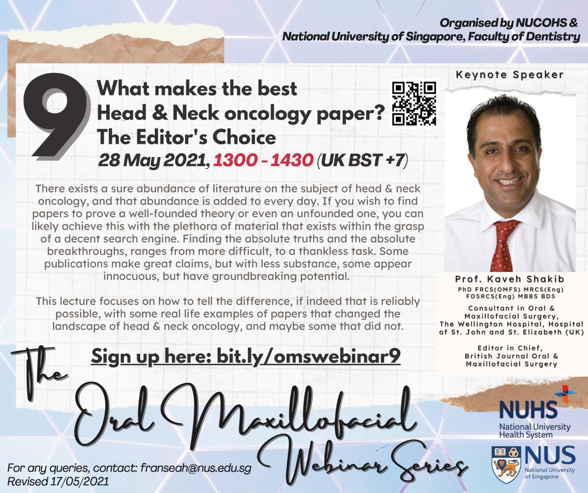 Mohammed A. Al-Muharraqi, FRCS, FDS RCS (@mohdmuharraqi) on Twitter photo Looking forward to this important talk that will be given by the <a href="/BJOMS_official/">British Journal of Oral & Maxillofacial Surgery</a> chief editor <a href="/KavehShakib/">Kaveh Shakib</a>
<a href="/BAOMSOfficial/">BAOMS</a>
<a href="/jtg_baoms/">Junior Trainee Group - BAOMS</a>
<a href="/SOMSScotland/">Scottish Oral and Maxillofacial Surgery Society</a>
#Maxillofacial #Surgery
nus-sg.zoom.us/meeting/regist… Looking forward to this important talk that will be given by the <a href="/BJOMS_official/">British Journal of Oral & Maxillofacial Surgery</a> chief editor <a href="/KavehShakib/">Kaveh Shakib</a>
<a href="/BAOMSOfficial/">BAOMS</a>
<a href="/jtg_baoms/">Junior Trainee Group - BAOMS</a>
<a href="/SOMSScotland/">Scottish Oral and Maxillofacial Surgery Society</a>
#Maxillofacial #Surgery
nus-sg.zoom.us/meeting/regist…