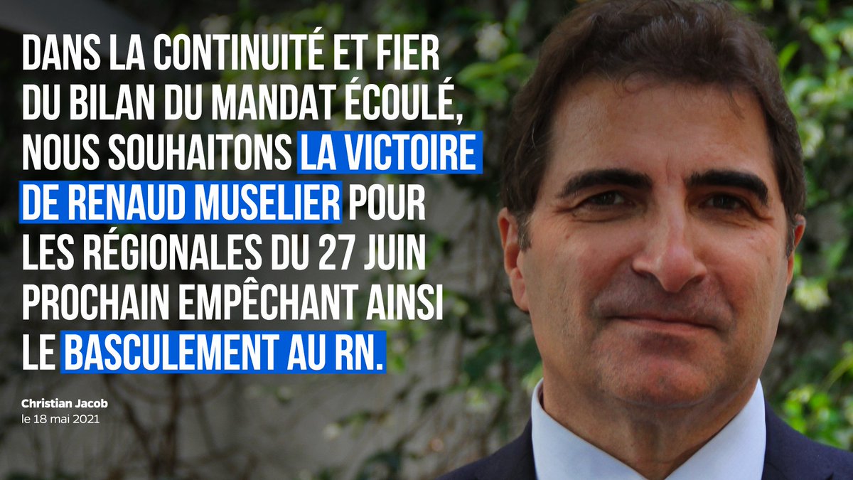 Dans la continuité et fier du bilan du mandat écoulé, nous souhaitons la victoire de <a href="/RenaudMuselier/">Renaud Muselier</a> pour les régionales du 27 juin prochain empêchant ainsi le basculement au <a href="/RNational_off/">Rassemblement National</a>.