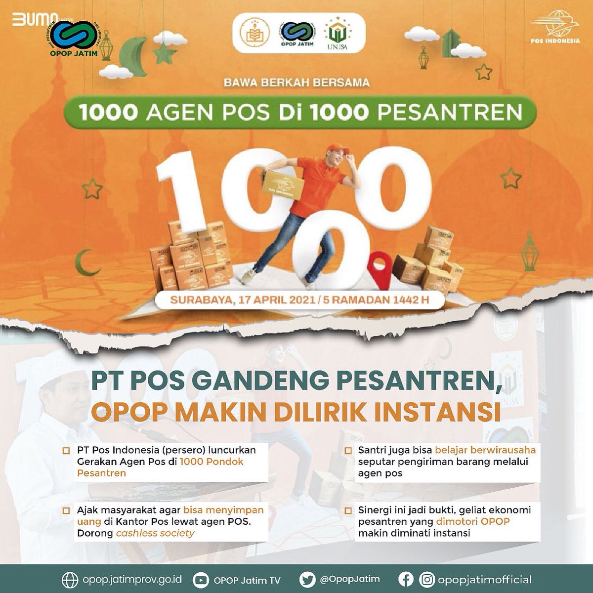 OPOP Jatim semakin dilirik berbagai instansi. Buktinya  PT Pos Indonesia meluncurkan Gerakan Agen Pos di 1.000 Ponpes di Jatim untuk menjadi agen Pos.
Yeay jadi makin mudah dijangkau nih kalau ada agen pos di Ponpes... 

#opopjatim #opop #opopjatimofficial #posindonesia #agenpos